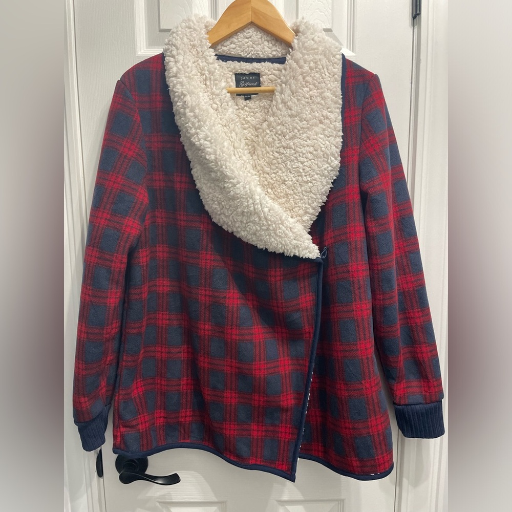 Jachs Girlfriend NY Womens Sherpa Fleece Cardigan Jacket Cabincore Plaid Medium